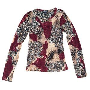 Karen Kane Womens S Velvet & Paisley Long Sleeve Top In Red & Beige